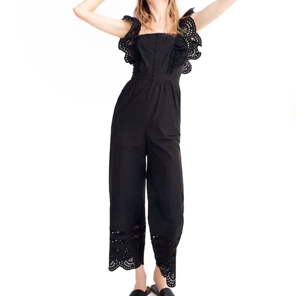 Madewell Ruffled Sleeve and Scalloped Black Eyelet Cutout Long Pants Jumpsuit